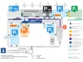 Schemat parkingu na lotnisku we Wrocławiu: strefy P A, P B, P C, P D, VIP, parking godzinowy, długoterminowy, Kiss & Fly, TAXI.