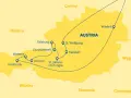 Mapa Austrii z zaznaczonymi miastami: Innsbruck, Wattens, Eisriesenwelt, Salzburg, Krimml, St. Johann im Pongau, St. Wolfgang, Hallstatt, Wiedeń. Pokazuje, gdzie są Alpy i sąsiednie kraje.