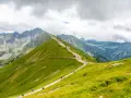 Szlak turystyczny w Tatrach, pełen ludzi, oferuje wspaniałe atrakcje w górach. Widok na zielone zbocza i skaliste szczyty zapiera dech.