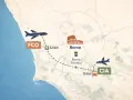 Mapa pokazuje jak dojechać z lotniska Fiumicino (FCO) do centrum Rzymu (32 km) i z lotniska Ciampino (CIA) do Rzymu (15 km).