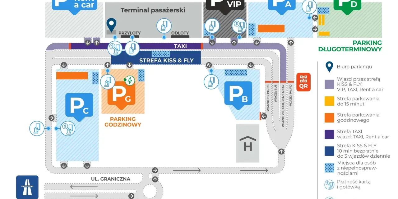 Schemat parkingu na lotnisku we Wrocławiu: strefy P A, P B, P C, P D, VIP, parking godzinowy, długoterminowy, Kiss & Fly, TAXI.