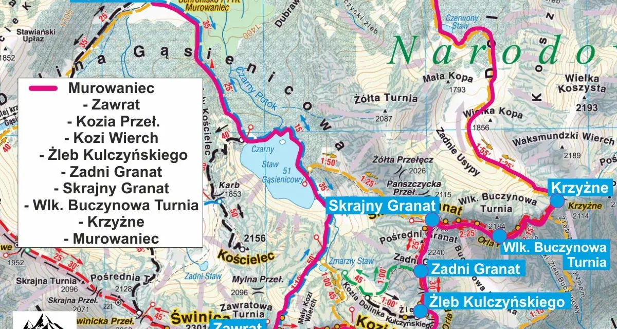 Mapa Tatr z zaznaczonymi szlakami, w tym najłatwiejszy szlak na Krzyżne przez Murowaniec, Kozi Wierch i Zadni Granat.
