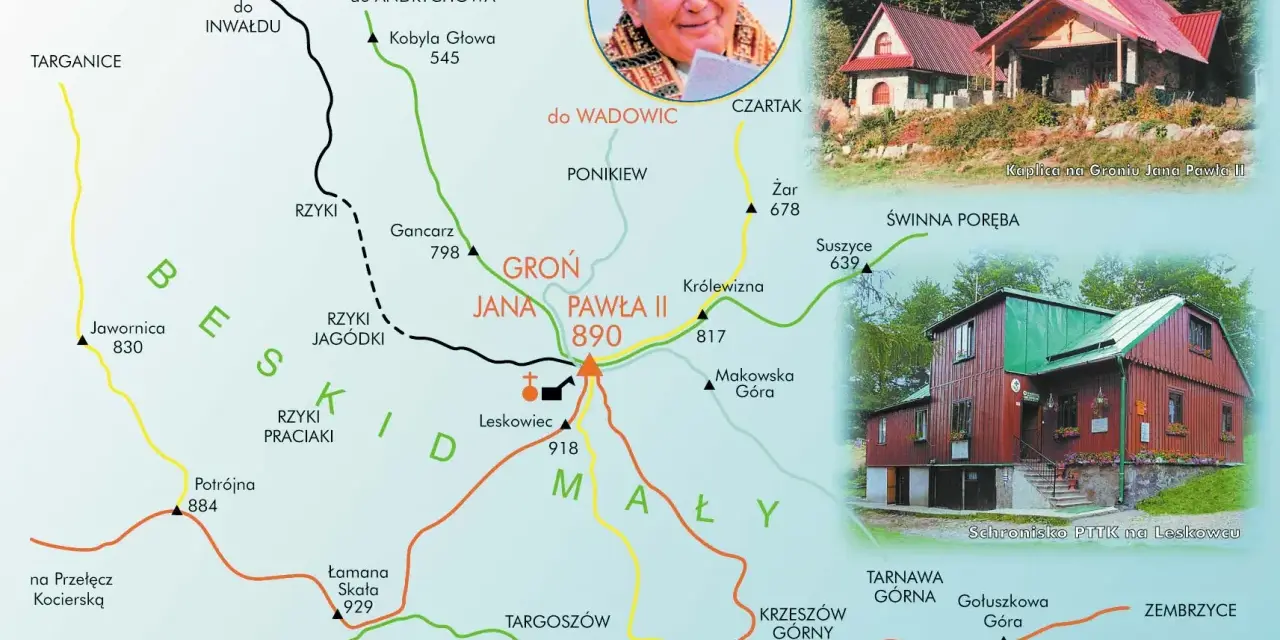 Mapa szlaków turystycznych w Beskidzie Małym, prowadzących do Gronia Jana Pawła II. Widok na kaplicę i schronisko.