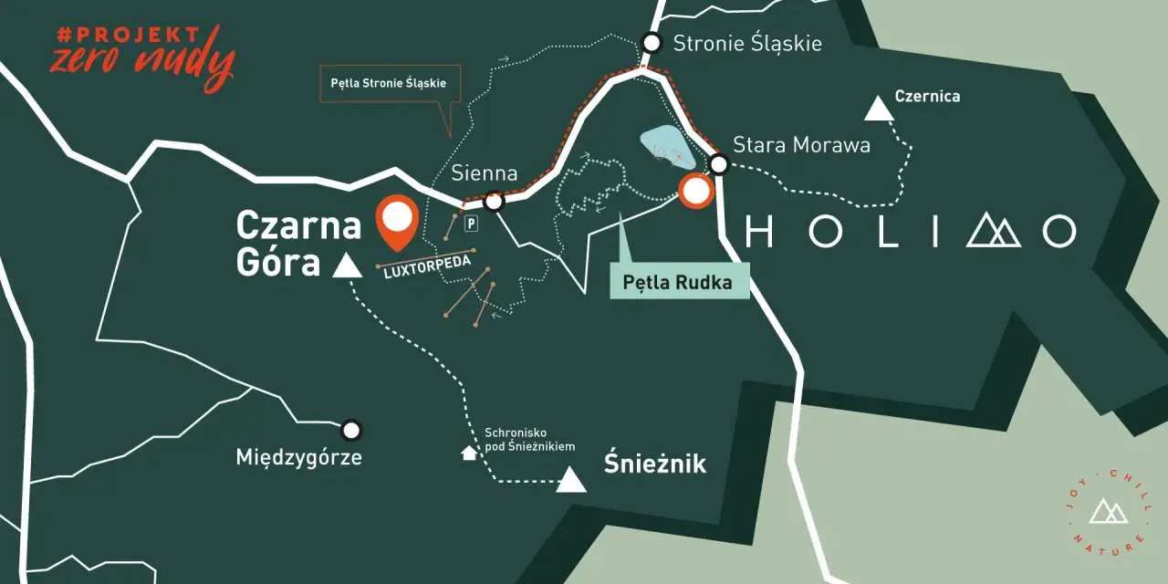 Mapa projektu "zero nudy" z zaznaczoną Czarną Górą, Pętlą Rudka, Śnieżnikiem i innymi atrakcjami.