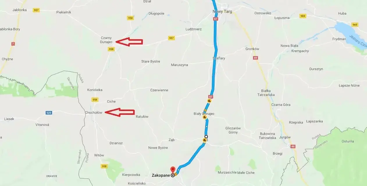 Trasa samochodowa przez Zakopane i okolice. Widoczne Chochołów, Czarny Dunajec i Nowy Targ.