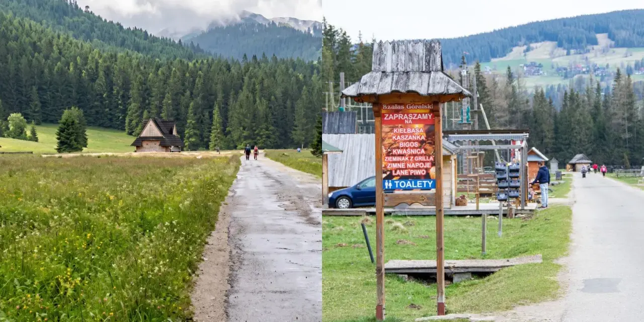 Szałas Góralski zaprasza na tradycyjne potrawy w Dolinie Chochołowskiej. W oddali widać góry i las.