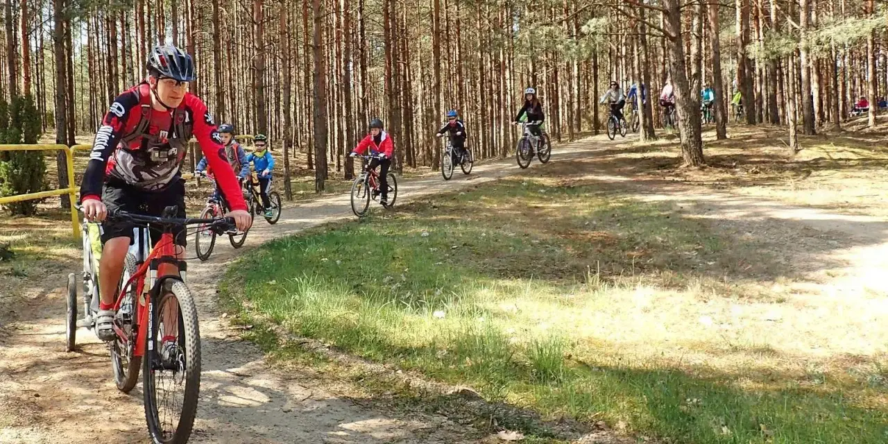 Grupa rowerzystów pokonuje malowniczą trasę w Borach Tucholskich.
