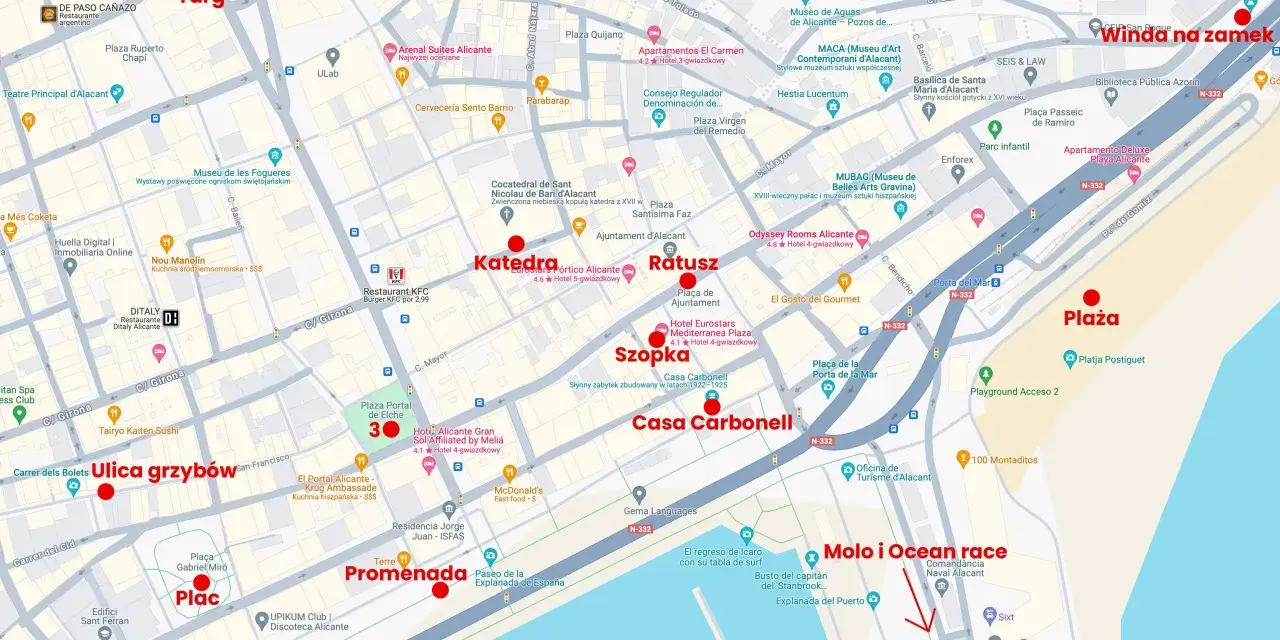 Alicante co warto zobaczyć: Winda na zamek, Plac, Targ, Katedra, Ratusz, Promenada, Ulica grzybów, Molo i Ocean race.