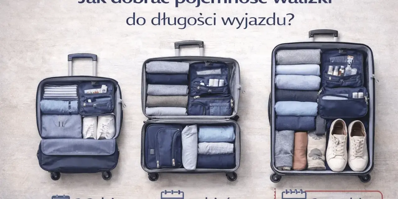 Porównanie rozmiarów walizek w litrach dla wyjazdów: 2-3 dni, tydzień, 2+ tygodnie.