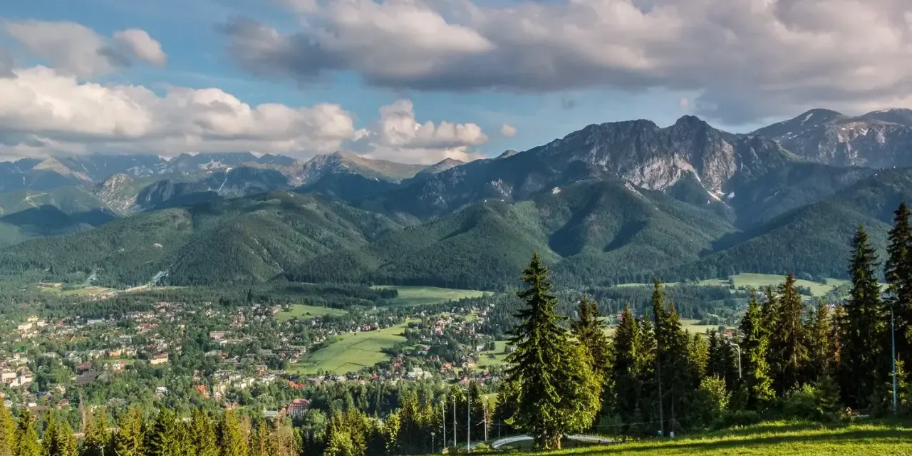 Widok na Tatry z piętrami roślinności: od zielonych łąk i lasów iglastych po skaliste szczyty.