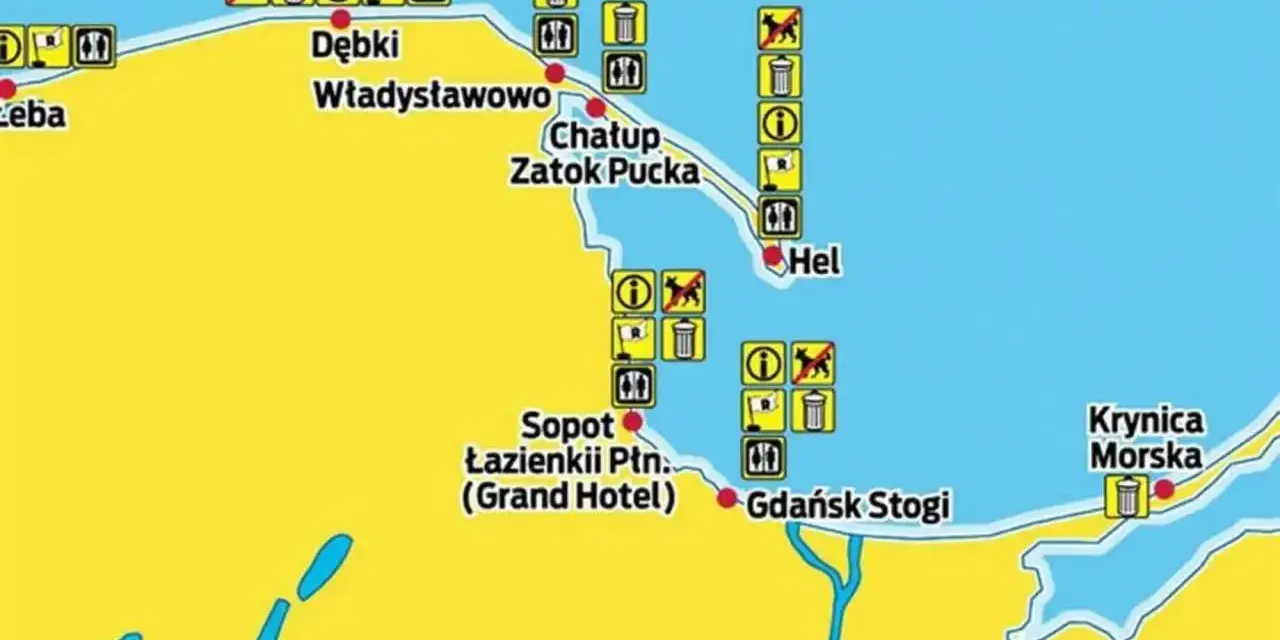 Mapa wybrzeża z zaznaczonymi miejscowościami jak Hel, Sopot, Krynica Morska. Ikony wskazują, gdzie najbliżej nad morze można zabrać psa lub znaleźć kosze na śmieci.