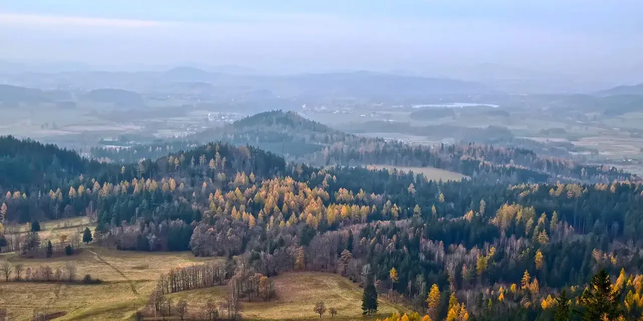 Jesienny krajobraz z kolorowymi drzewami na tle mglistych, niskich gór w Polsce.
