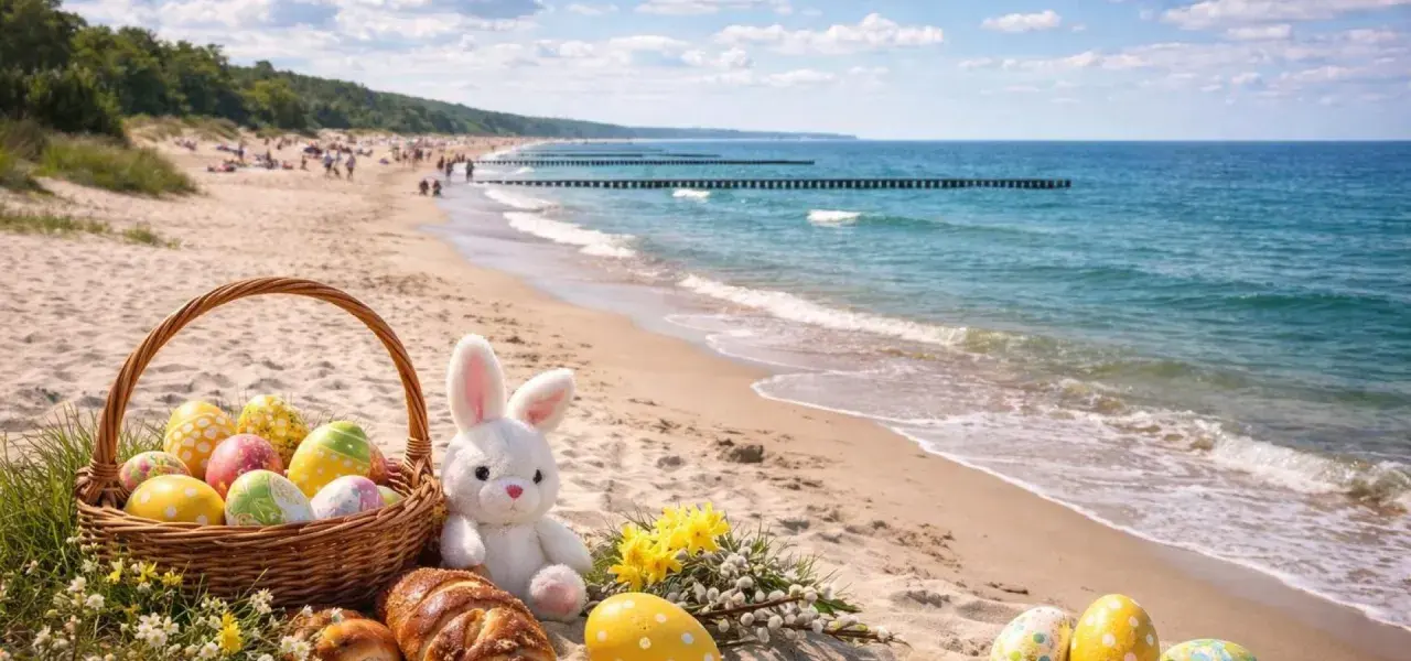 Koszyk z pisankami i zajączek na plaży. Idealne miejsce, gdzie na Wielkanoc można poczuć słońce i szum fal.