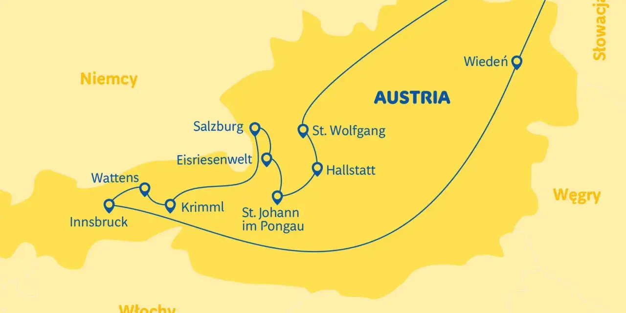 Mapa Austrii z zaznaczonymi miastami: Innsbruck, Wattens, Eisriesenwelt, Salzburg, Krimml, St. Johann im Pongau, St. Wolfgang, Hallstatt, Wiedeń. Pokazuje, gdzie są Alpy i sąsiednie kraje.