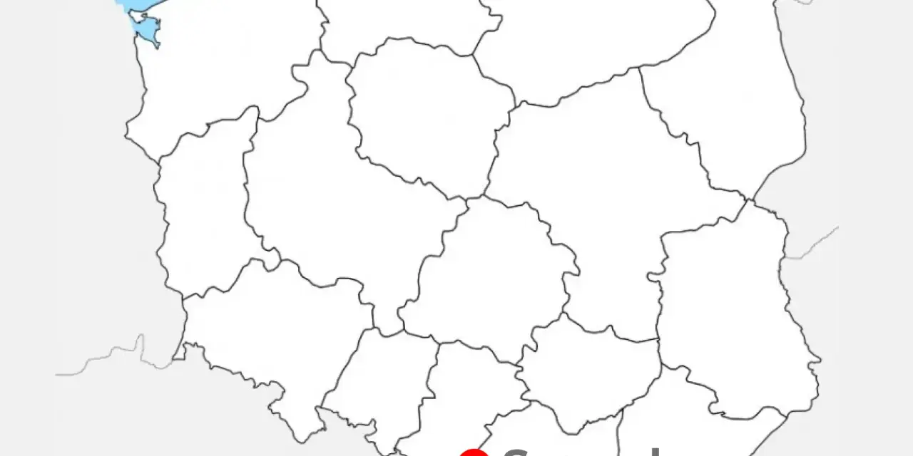 Mapa Polski z zaznaczonym Szczyrkiem. To popularne miejsce, gdzie szczyrk jakie góry oferują piękne widoki i trasy.