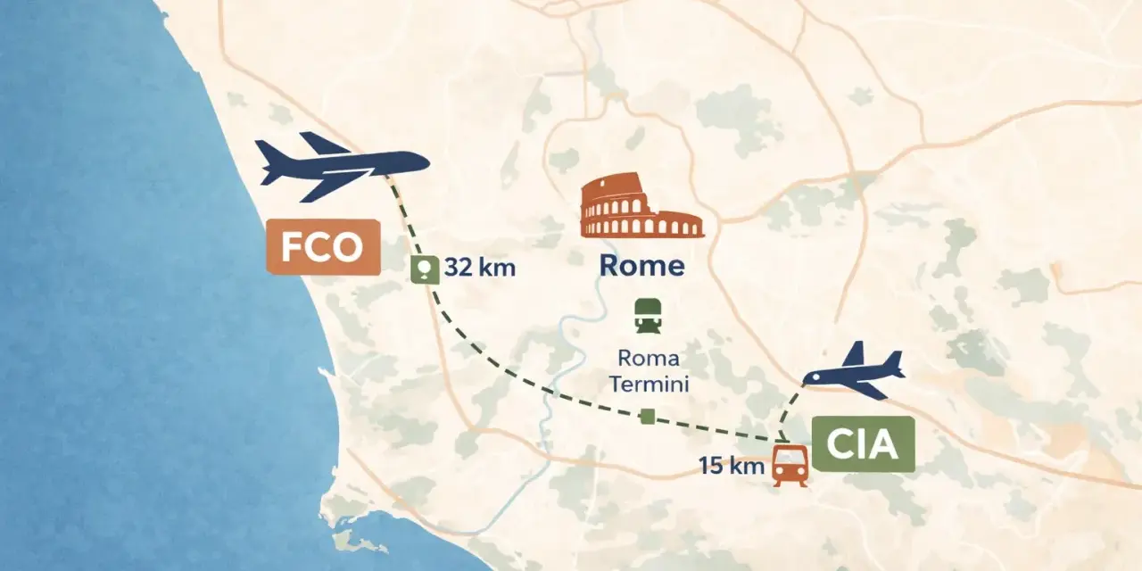 Mapa pokazuje jak dojechać z lotniska Fiumicino (FCO) do centrum Rzymu (32 km) i z lotniska Ciampino (CIA) do Rzymu (15 km).
