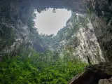 Niesamowity widok z wnętrza jaskini Hang Son Doong. Człowiek stoi na skale, podziwiając bujną roślinność i ogromne skalne ściany.