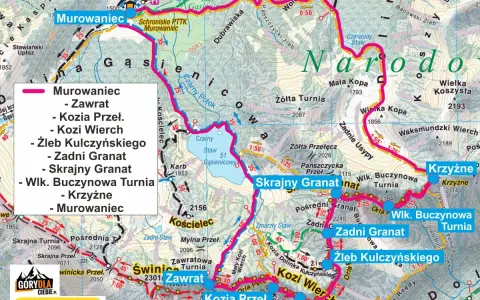 Mapa Tatr z zaznaczonymi szlakami, w tym najłatwiejszy szlak na Krzyżne przez Murowaniec, Kozi Wierch i Zadni Granat.