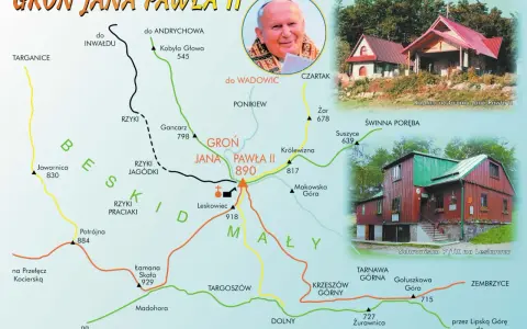 Mapa szlaków turystycznych w Beskidzie Małym, prowadzących do Gronia Jana Pawła II. Widok na kaplicę i schronisko.