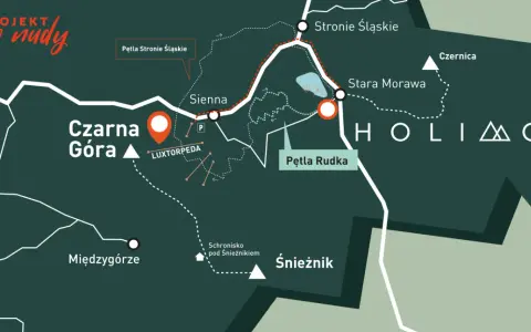 Mapa projektu "zero nudy" z zaznaczoną Czarną Górą, Pętlą Rudka, Śnieżnikiem i innymi atrakcjami.