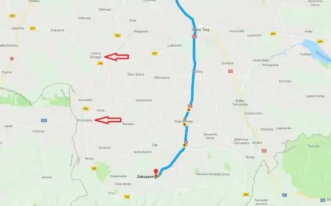 Trasa samochodowa przez Zakopane i okolice. Widoczne Chochołów, Czarny Dunajec i Nowy Targ.