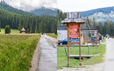 Szałas Góralski zaprasza na tradycyjne potrawy w Dolinie Chochołowskiej. W oddali widać góry i las.
