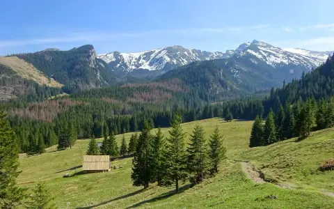 Zielone hale i lasy, a w tle ośnieżone, łatwe szczyty w Tatrach. Drewniana chata na polanie.