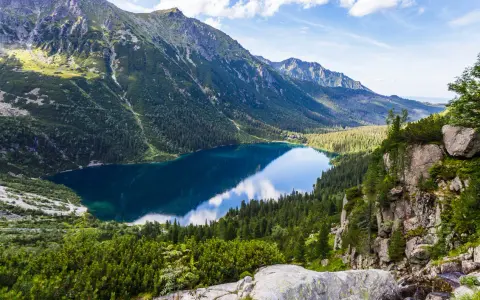 Widok na Morskie Oko, perłę polskich gór Tatr. Lśniąca tafla jeziora odbija błękitne niebo i otaczające je szczyty.