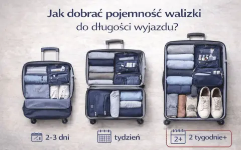 Porównanie rozmiarów walizek w litrach dla wyjazdów: 2-3 dni, tydzień, 2+ tygodnie.