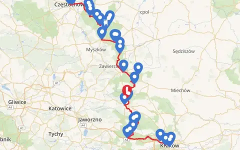 Trasa samochodowa Szlak Orlich Gniazd od Częstochowy do Krakowa, zaznaczona niebieskimi pinezkami i czerwoną linią.
