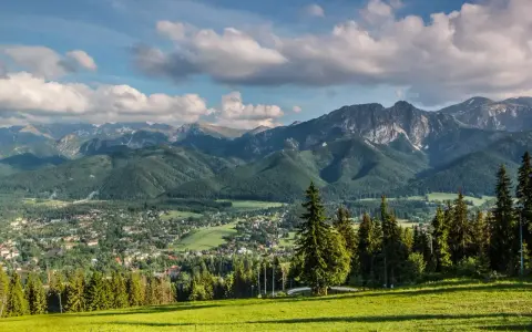 Widok na Tatry z piętrami roślinności: od zielonych łąk i lasów iglastych po skaliste szczyty.