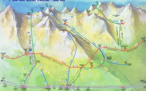Mapa turystyczna słowackich Tatr z zaznaczonymi najpiękniejszymi szlakami w Dolinach Wielickiej, Staroleśnej i Zimnej Wody.