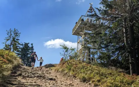 Rodzina wędruje kamienistym szlakiem na Baranią Górę. W oddali widać wieżę widokową.