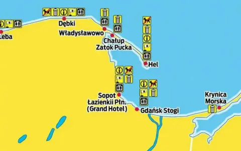 Mapa wybrzeża z zaznaczonymi miejscowościami jak Hel, Sopot, Krynica Morska. Ikony wskazują, gdzie najbliżej nad morze można zabrać psa lub znaleźć kosze na śmieci.