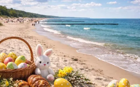 Koszyk z pisankami i zajączek na plaży. Idealne miejsce, gdzie na Wielkanoc można poczuć słońce i szum fal.