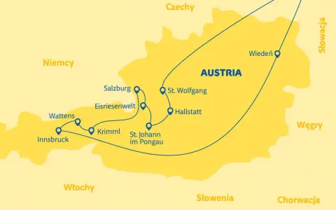 Mapa Austrii z zaznaczonymi miastami: Innsbruck, Wattens, Eisriesenwelt, Salzburg, Krimml, St. Johann im Pongau, St. Wolfgang, Hallstatt, Wiedeń. Pokazuje, gdzie są Alpy i sąsiednie kraje.
