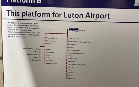 Mapa kolejowa z peronu B, wskazująca trasy do Luton Airport. Podróż z Londynu do centrum Luton Airport.