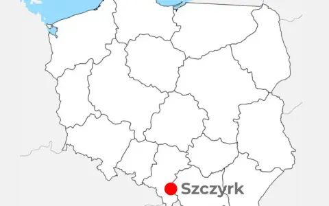 Mapa Polski z zaznaczonym Szczyrkiem. To popularne miejsce, gdzie szczyrk jakie góry oferują piękne widoki i trasy.