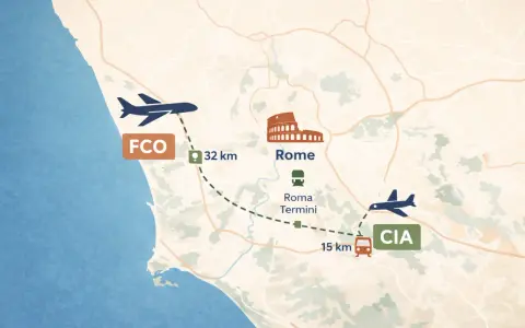 Mapa pokazuje jak dojechać z lotniska Fiumicino (FCO) do centrum Rzymu (32 km) i z lotniska Ciampino (CIA) do Rzymu (15 km).