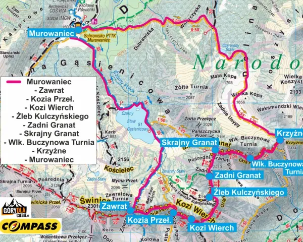 Mapa Tatr z zaznaczonymi szlakami, w tym najłatwiejszy szlak na Krzyżne przez Murowaniec, Kozi Wierch i Zadni Granat.