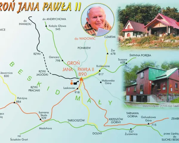 Mapa szlaków turystycznych w Beskidzie Małym, prowadzących do Gronia Jana Pawła II. Widok na kaplicę i schronisko.