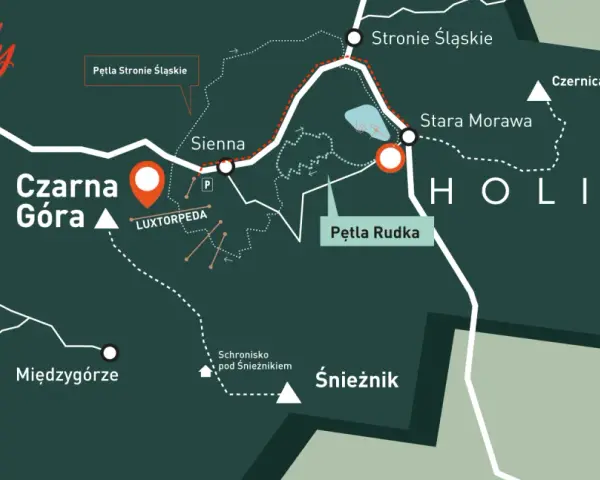 Mapa projektu "zero nudy" z zaznaczoną Czarną Górą, Pętlą Rudka, Śnieżnikiem i innymi atrakcjami.
