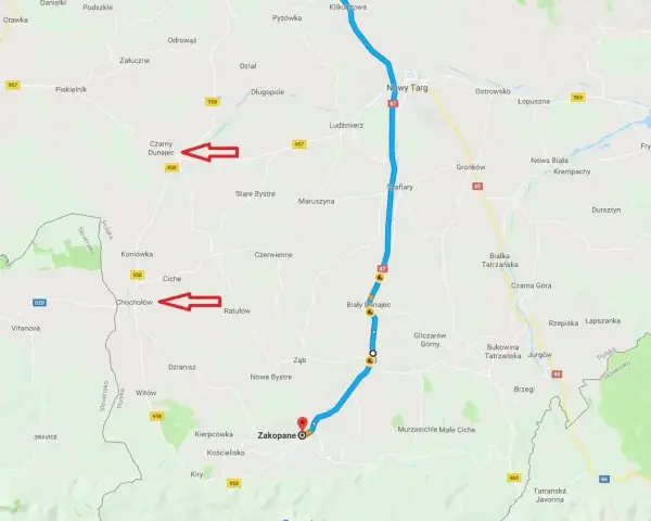 Trasa samochodowa przez Zakopane i okolice. Widoczne Chochołów, Czarny Dunajec i Nowy Targ.