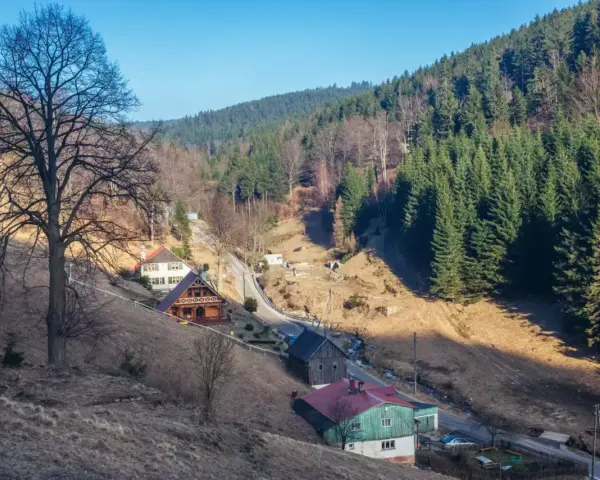 Góry, gdzie są? W dolinie, wśród lasów i domków, widać kilka uroczych chat.