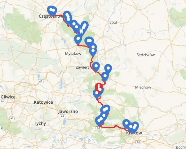 Trasa samochodowa Szlak Orlich Gniazd od Częstochowy do Krakowa, zaznaczona niebieskimi pinezkami i czerwoną linią.