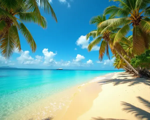 Rajska plaża z palmami i turkusową wodą. Idealne miejsce, gdzie jest cieplo w styczniu.