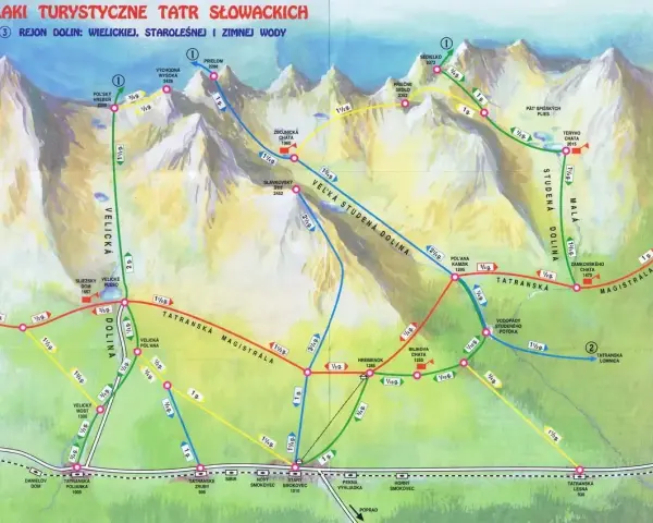 Mapa turystyczna słowackich Tatr z zaznaczonymi najpiękniejszymi szlakami w Dolinach Wielickiej, Staroleśnej i Zimnej Wody.