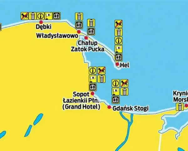 Mapa wybrzeża z zaznaczonymi miejscowościami jak Hel, Sopot, Krynica Morska. Ikony wskazują, gdzie najbliżej nad morze można zabrać psa lub znaleźć kosze na śmieci.