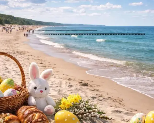 Koszyk z pisankami i zajączek na plaży. Idealne miejsce, gdzie na Wielkanoc można poczuć słońce i szum fal.