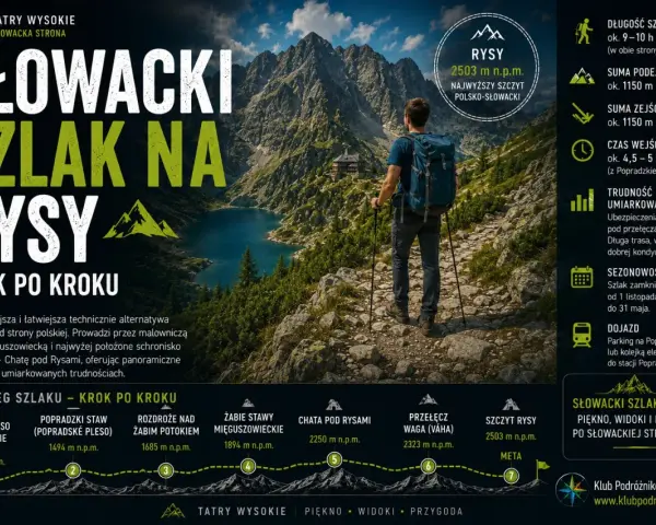 Turysta z plecakiem na szlaku na Rysy. Umiarkowana trudność, ale wymaga kondycji. Piękne widoki.